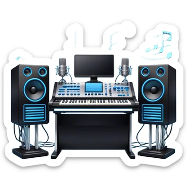 Create a professional and detailed emoji that represents sound design. The design should feature a high-end studio synthesizer (like the Korg), a sound mixing console with visible wires, large studio speakers, and a microphone to symbolize the essential equipment in sound design. Add musical note waves flowing around the equipment to emphasize the connection between sound creation and musical composition. Use sleek, modern colors like black, silver, and neon blue to represent the professional and futuristic nature of sound design. The background should be transparent. sticker
