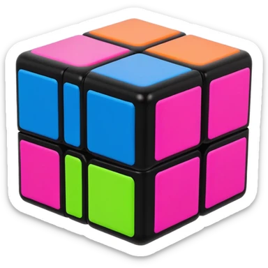 A 3x3 Rubik's Cube with neon bright colors: electric blue, hot pink, neon green, neon yellow, neon orange, bright purple, minimalist iOS emoji style sticker
