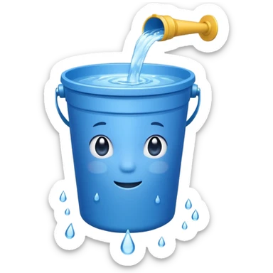 blue bucket of water with a visible leak, water dripping out sticker