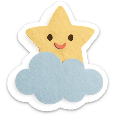 kawaii soft yellow star peeking from behind a fluffy cloud, no arms, no legs, full body, soft pastel colors, paper craft style sticker