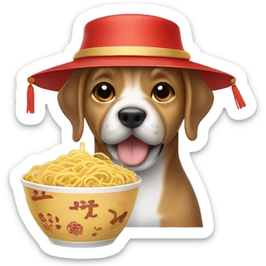 Dog with chinese hat and noodles sticker
