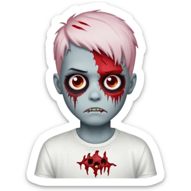 zombie boy with emo hair and white shirt, red skin sticker