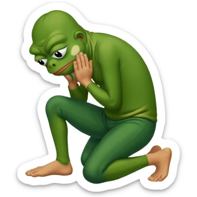 Pepe the frog kneeling and praying in front of man’s feet sticker