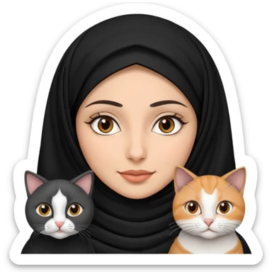 A Arabic woman human with brown eyes and black hijab. and three cats, two cats black and white and one grey cat  sticker