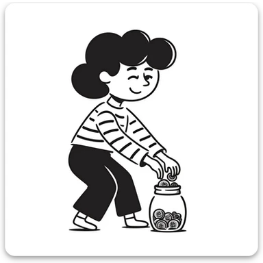 Person happily putting coins in savings jar sticker