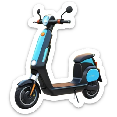 An icon featuring a sleek electric scooter parked on a scenic path. The background showcases a vibrant city park with green trees, flowers, and a clear blue sky. The sun sets in the distance, casting a warm golden glow on the landscape. Transparent background sticker