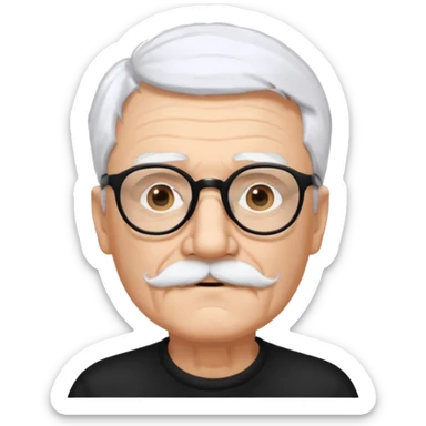 An elderly man with white hair and mustache, wearing black glasses and looking straight ahead with a gentle expression. sticker