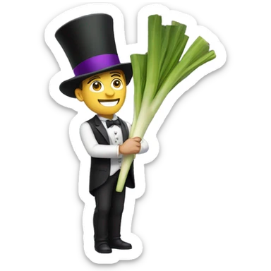 White man wearing a Top Hat with a purple band holding a leek sticker
