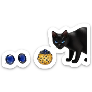 a miniature with black cat and sapphires, luxury product photography sticker