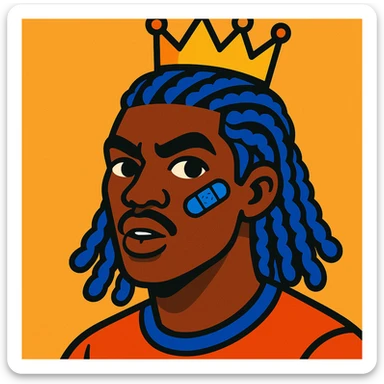 afro man with blue cornrows hair, wearing a crown on top and a blue band-aid on his cheek, detailed and expressive, vibrant toon style sticker