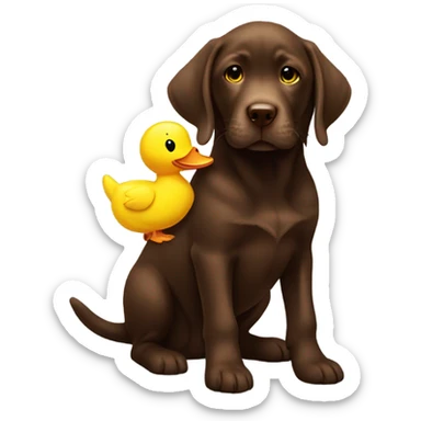 Chocolate lab puppy with big yellow duck plush toy in mouth sticker