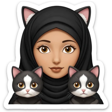 A Arabic woman human with brown eyes and black hijab. , the human is a human no cat ears, two cats, the both cats have the colour black and white in the same colour,   sticker