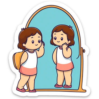 White girl with brown hair checking herself in a wall mirror sticker