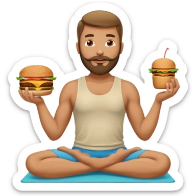 caucasian man with beard, eating burger in yoga pose sticker