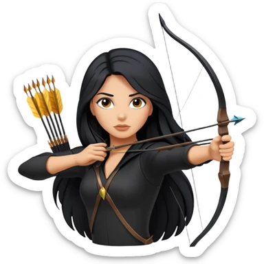 woman tanned long black hair, shooting arrow , black clothes sticker
