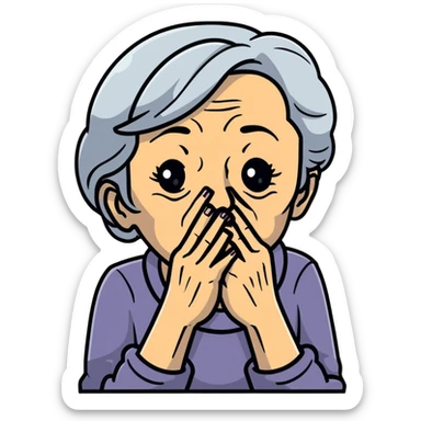 old woman with semi blond hair with hand that close mouth sticker