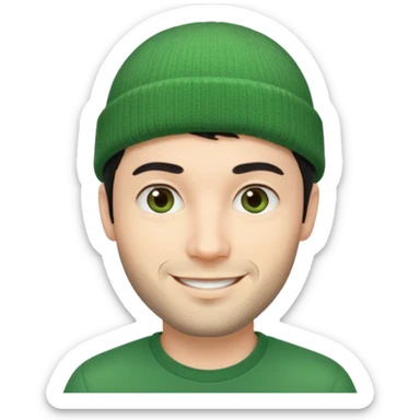 French man, 30, short black hair, green beanie, stubble, smiling sticker