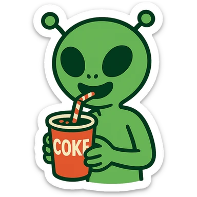cartoon alien sipping Coke with a straw, cheerful expression sticker