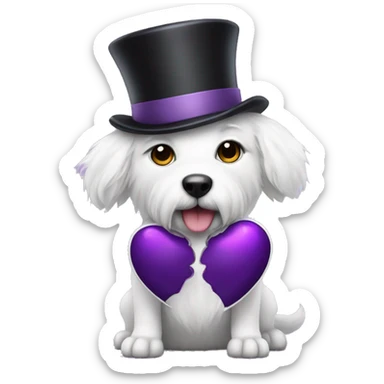 White furry dog with a top hat holding a purple heart sticker