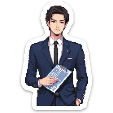 Flat pixel art, focused and confident male strategist, fair skin, short sleek dark hair, intense sharp eyes, wearing a deep indigo suit jacket over a black shirt, holding a blueprint in one hand, other hand thoughtfully touching chin, waist-up, front-facing sticker