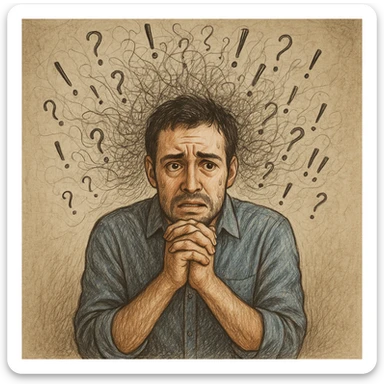 Realistic or illustrative style image of a 30-year-old man suffering from anxiety, inspired by the reference image. The man nervously clasps his hands with an anxious expression. The background shows graphic signs of disordered thoughts, conveying an atmosphere of mental tension. sticker