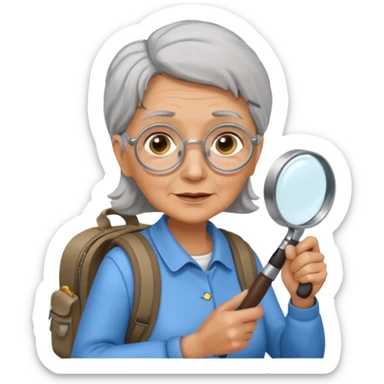 Explorer old woman with magnifying glass and backpack sticker