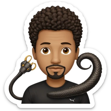 Homme noir, yeux marron avec un bouc sans la moustache, cheveux noir court et bouclé crépus avec un dégradé sur le côté, avec un cobra à côté , t-shirt noir  sticker