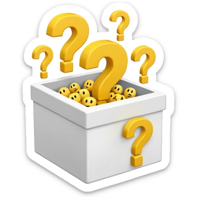 white cube shaped box over stuffed with yellow question marks sticker