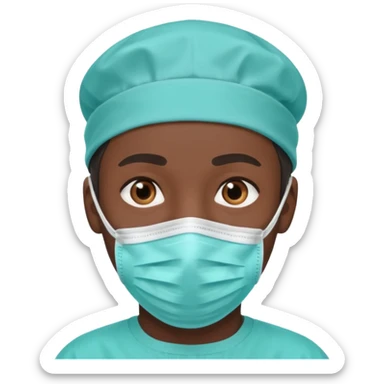 A dark-skinned man with brown eyes, wearing a teal surgical cap and face mask. sticker