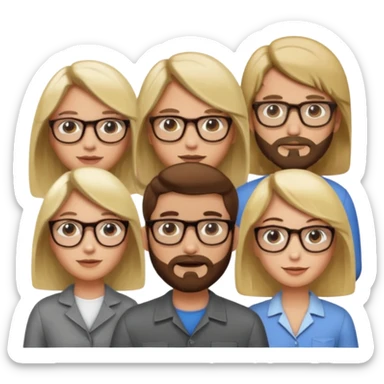 A man with hair and glasses a woman with long brown hair a man with a beard and a woman with a blonde bob sticker