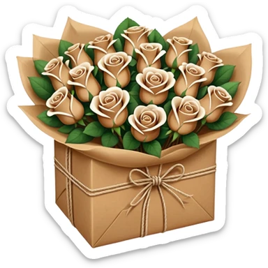 boquet of brown/ white roses in a paper package sticker