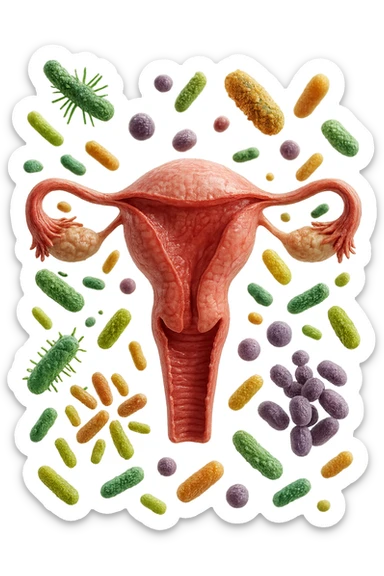 batteri intestinali fluttuano intorno ad un utero umano anatomico, iperrealistico 4k sticker