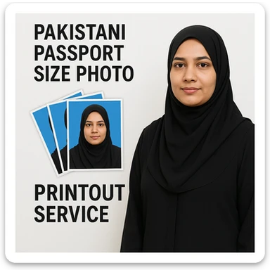 realistic thumbnail for a Pakistani passport size photo print out service, featuring an adult Pakistani woman in modest attire standing next to a fan-shaped collage of her passport size photos with blue backgrounds, on a clean white background sticker
