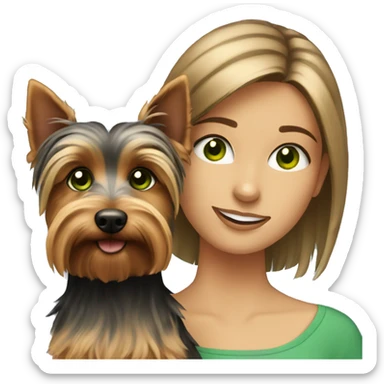 Girl with brown hair and green eyes is holding a silky terrier dog  sticker