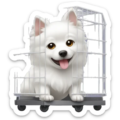 White spitz dog in an transportation cage sticker