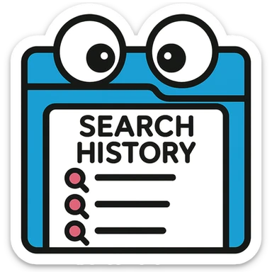 funny icon of a browser window with shocked eyes peeking over a search history list sticker