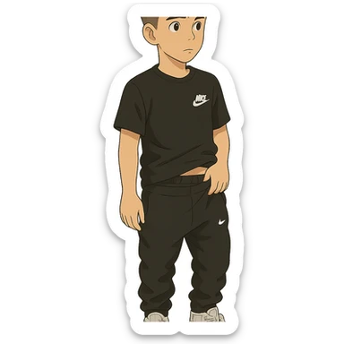 ghibli style chico de pelo moreno, corte taper fade, flequillo a las cejas, camiseta Nike negra, pantalones Nike negros bajados, zapatillas Dior blancas sticker