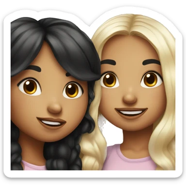 two cute cartoon style girls kissing on the lips, both girls have long black hair. One of the girls has freckles. sticker