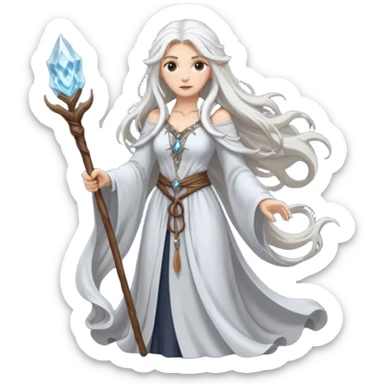 White silver Long Haired Women, Sorceress with staff — flowing white hair, calm face. sticker