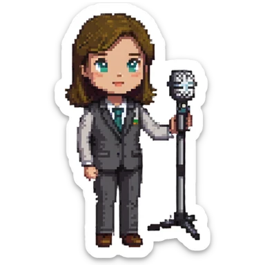 news reporter with microphone sticker