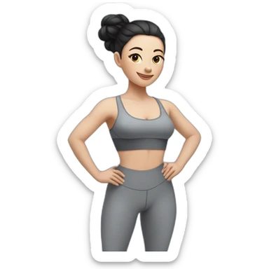 Pale skinned fit woman In a gray tight yoga suit and wristbands With black hair in a bun doing yoga sticker