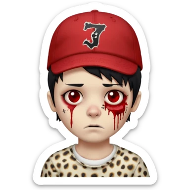 Zombie Boy with black hair and a little blood on his face and sleepy eyes and a cap that has the phrase #jimmy written on it , and a shirt with cheetah texture emoji emo sticker