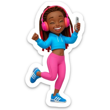 African American girl with long brown dreadlocks with red tips, pink workout leggings and a bright blue cropped hoodie, wearing big pink headphones and blue adidas pumps, happy dancing phone in hand sticker