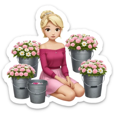 a blond girl  sitting  near various bouquets of flowers in metal buckets a white and pink flowers , Her hairstyle is slightly messy updo. She wears a red off-shoulder cardigan and a white long skirt. Her leg is extended forward toward the camera, appearing long and graceful. sticker