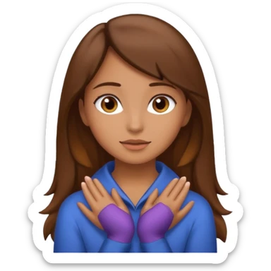 A girl with brown hair with her hands around her neck sticker