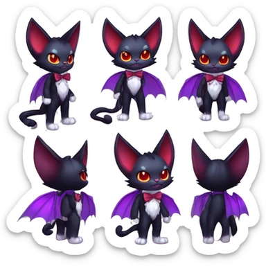 Cute-Evil-Vampiric-Batty-Cat-Black-Purple-Red-White-Contrast-Colors-Fantasy-Fur-Sona-Chibi-Shiny-Fakémon-Hybrid with horns and big fangs neck bow tie leg spats full body sticker