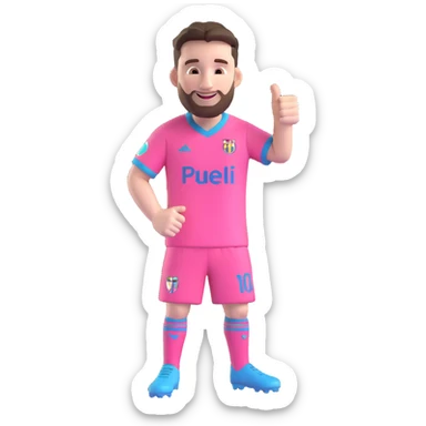 Messi in Miami soccer uniform, giving a thumbs up, smiling, pink jersey sticker