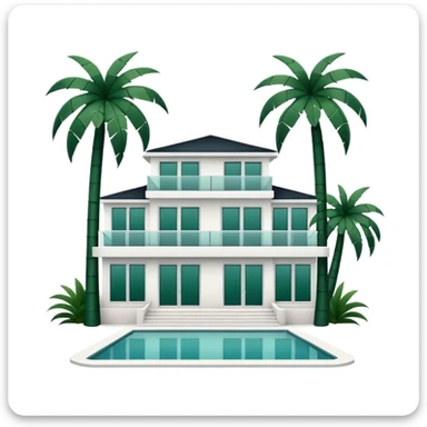 white modern villa with dark green palm trees around, minimalism, no emojis or faces, white background sticker