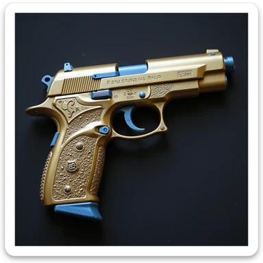 photorealistic gold pistol with blue accents, no heart shapes or motifs, white background sticker