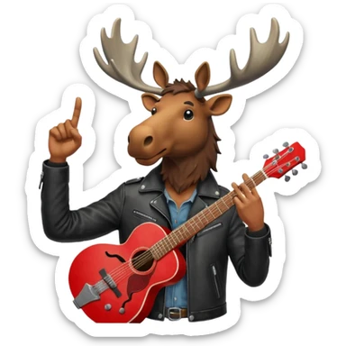 A man with a moose head in alaska pointing a red guitar directly up in the air. Make the graphics gritty and realistic like the moose man is a villian in a high budget batman movie. It needs to be 100 times more dark themed and realistic. Like your batman characters  sticker